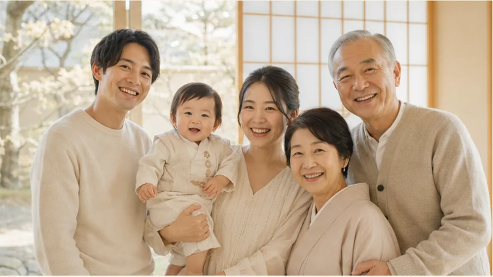 1歳の誕生日 — 大切な人たちとの記念写真（架空写真）