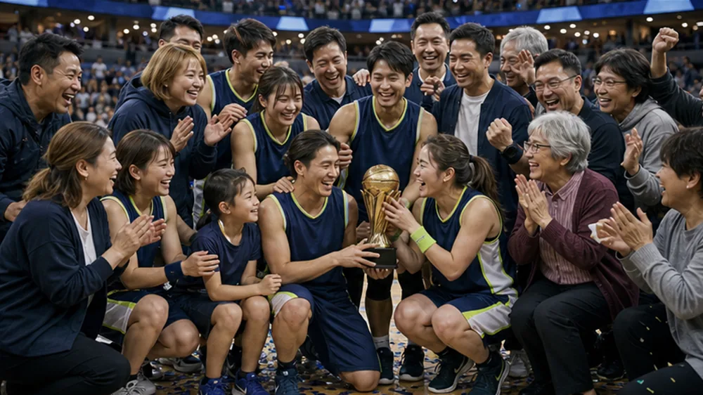 スポーツチーム祝勝会 — 大切な人たちとの記念写真（架空写真）