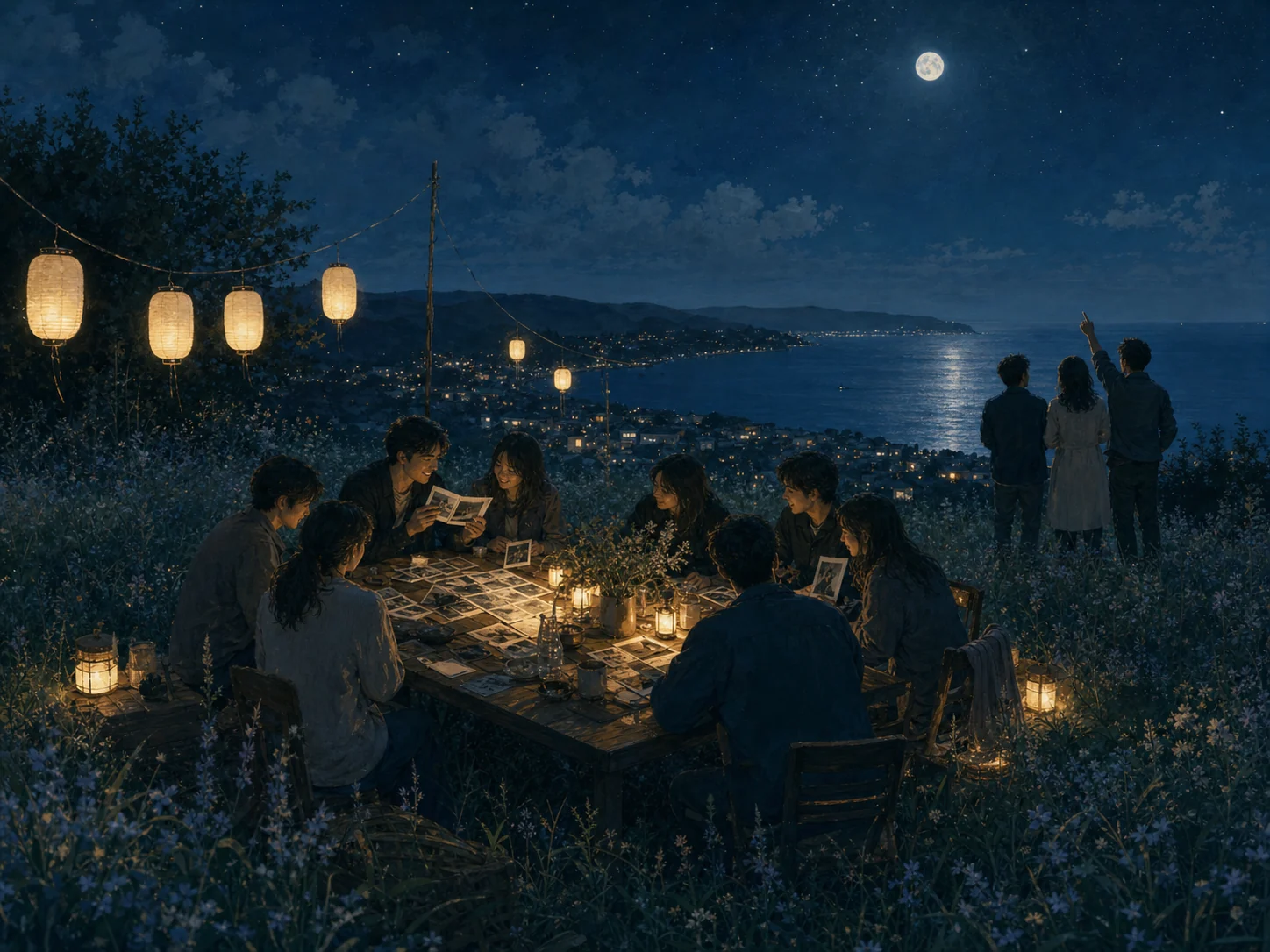 夜の丘で思い出を語り合う同窓会の情景